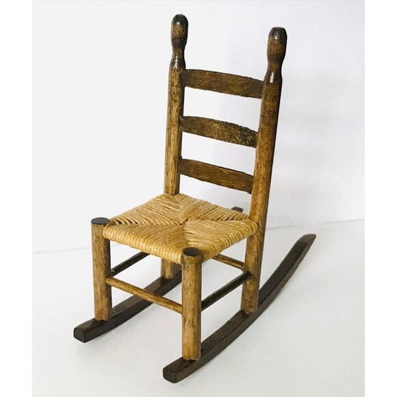 Vintage Artisan Dollhouse Miniature Wooden Rocking Chair Woven Seat 3" Handmade